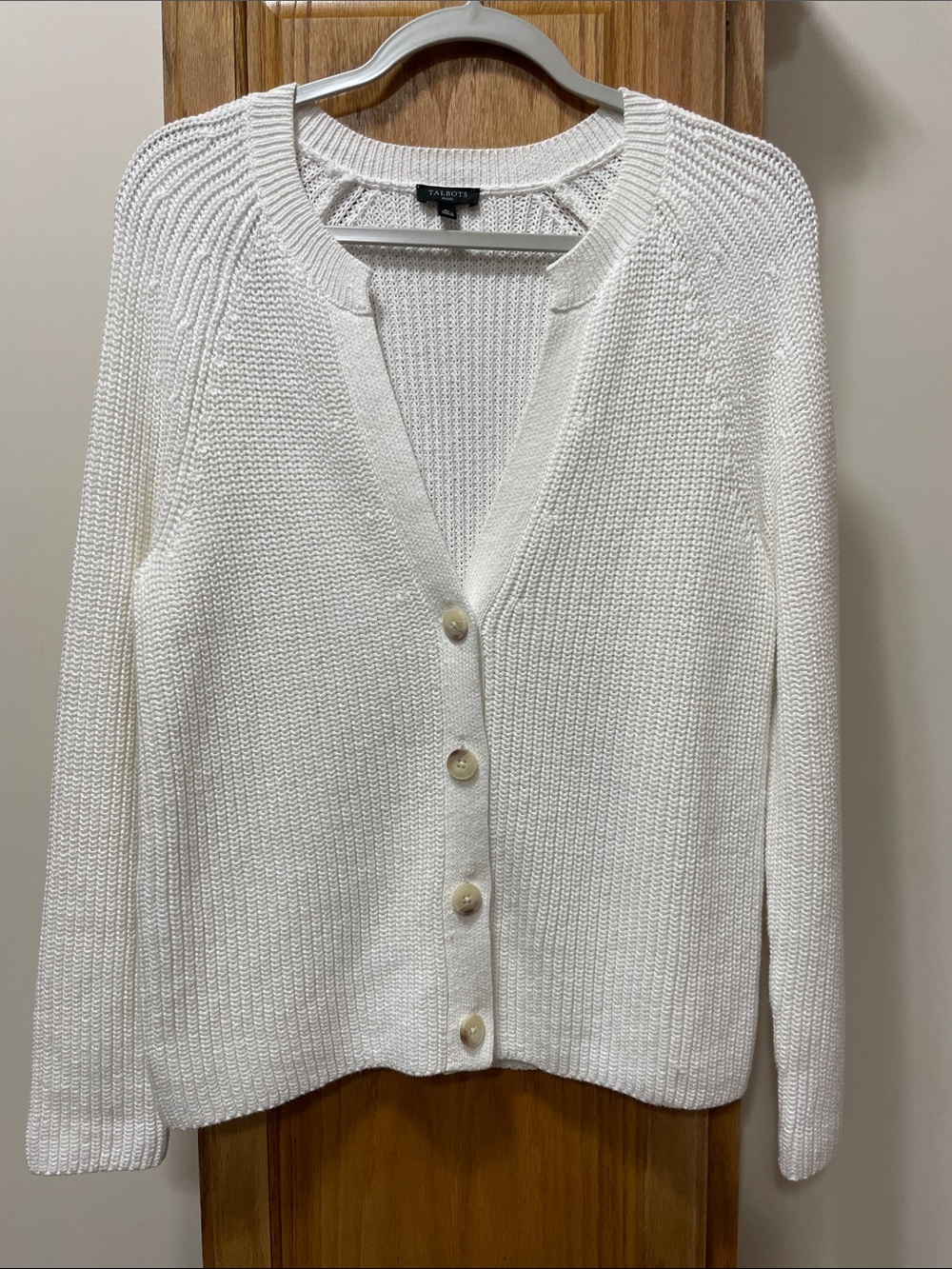 Talbots White Button-Front V-Neck Knit Cardigan Size Medium Petite NWOT